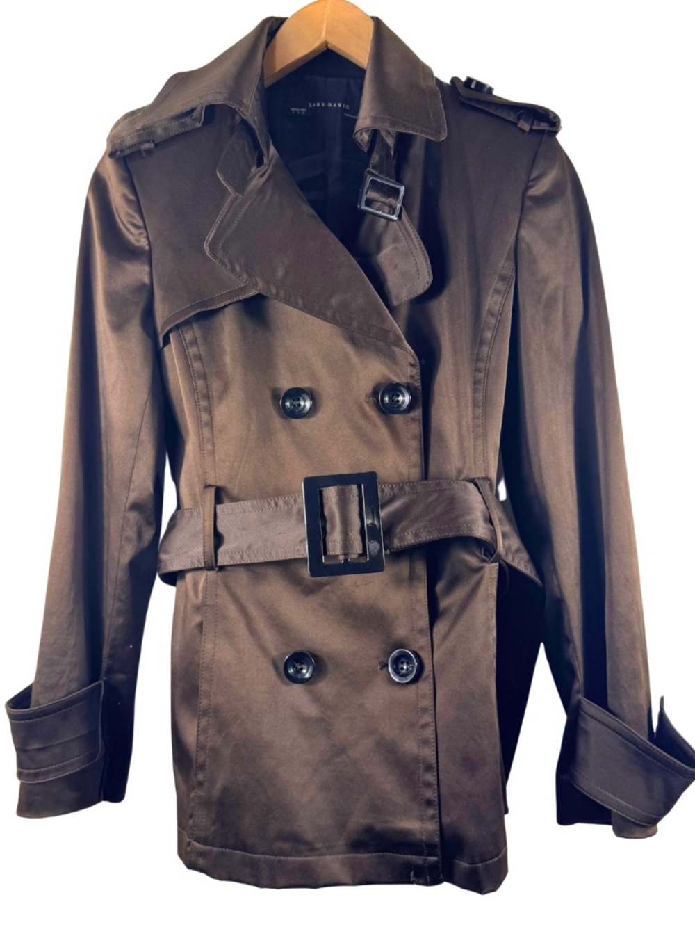 Zara Chocolate Brown Satin Trench Coat Belted Double-Breasted Jacket Women's M